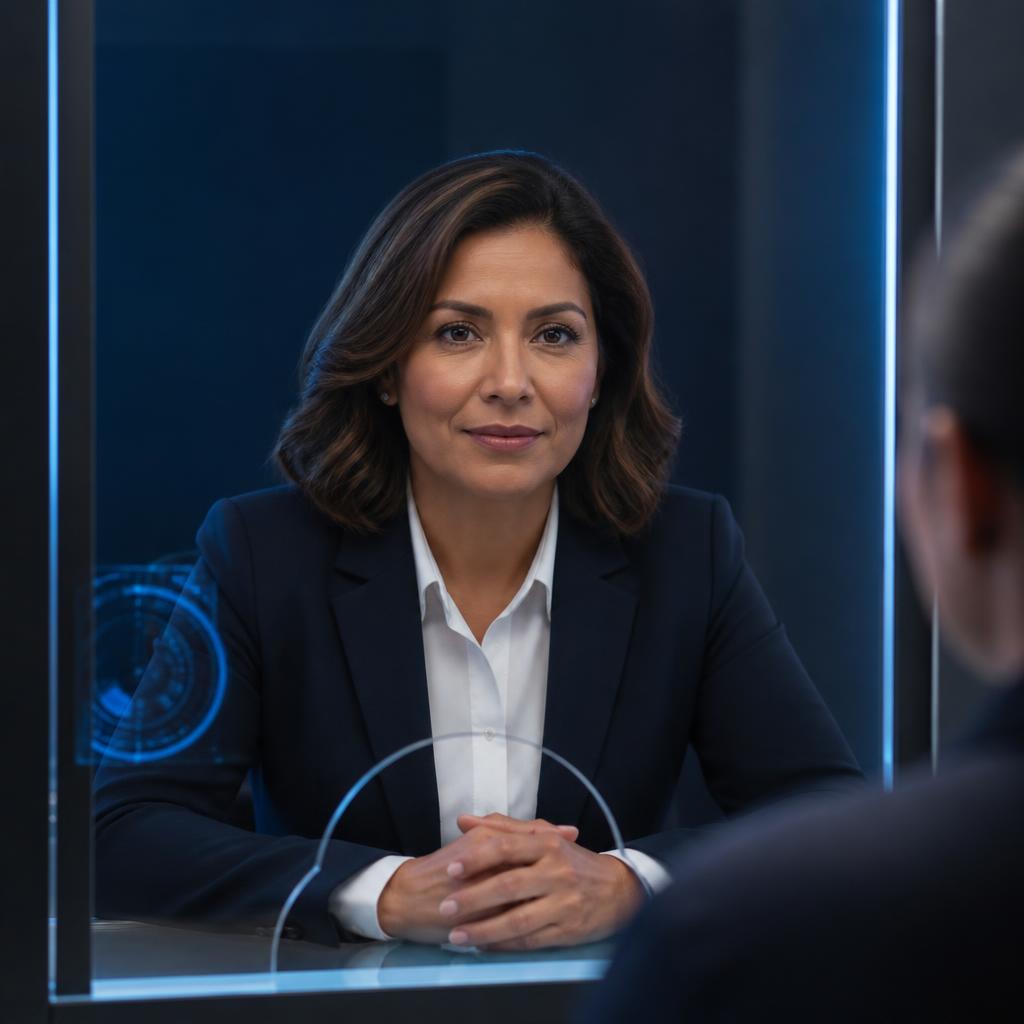 Personaje ficticio de inteligencia artificial simulando a un entrevistador consular